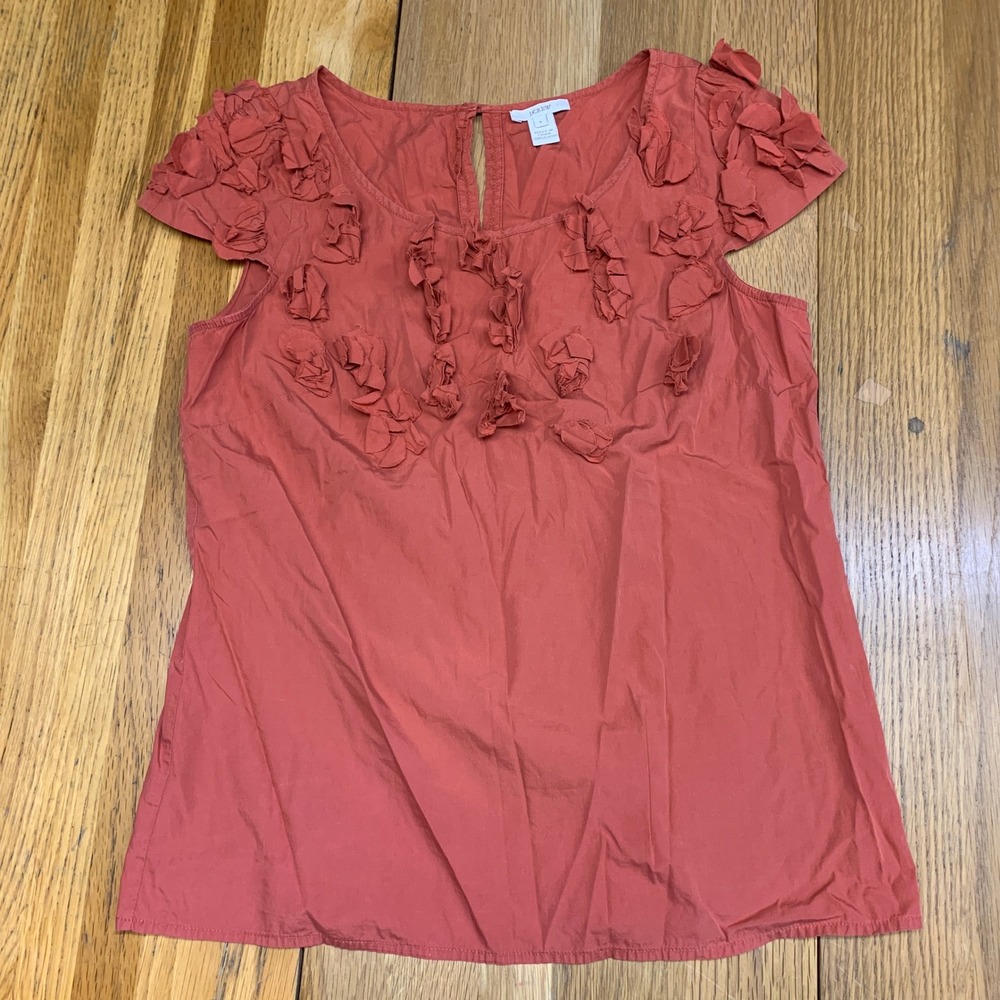 J.Crew Womens‎ Size 4 Terracotta Orange Floral Applique Ruffle Cotton Blouse Top
